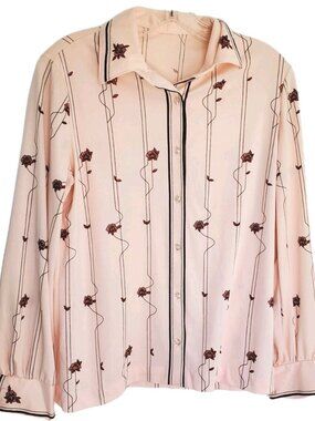 Vtg 70s Peach Floral Stripe Blouse Button Up Secretary Disco Shirt Retro Sz L